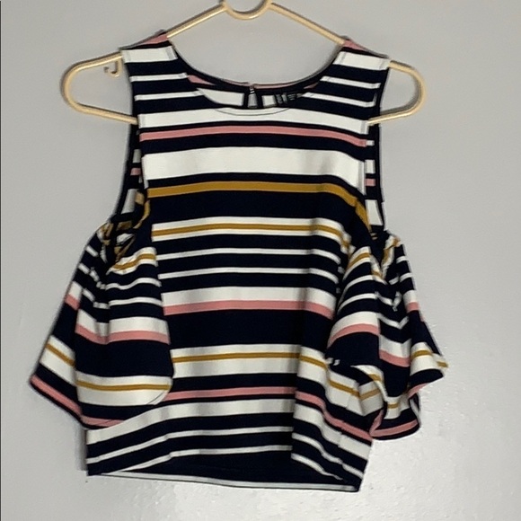 Paris Sunday Cold Shoulder Ruffle Bell Sleeve striped top medium - Picture 1 of 7